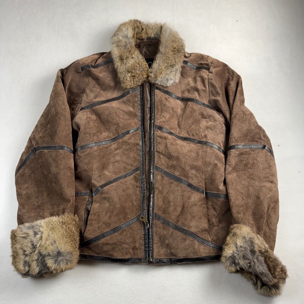 KC Collections Brown Suede Leather Jacket Rabbit Fur Trim Chevron‎ Piping Small